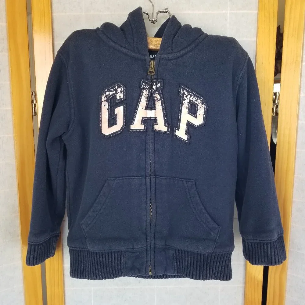 Baby GAP Sweatshirt Sherpa-Lined Logo Zip Hoodie in Navy Blue Size 5 Toddler Y2K